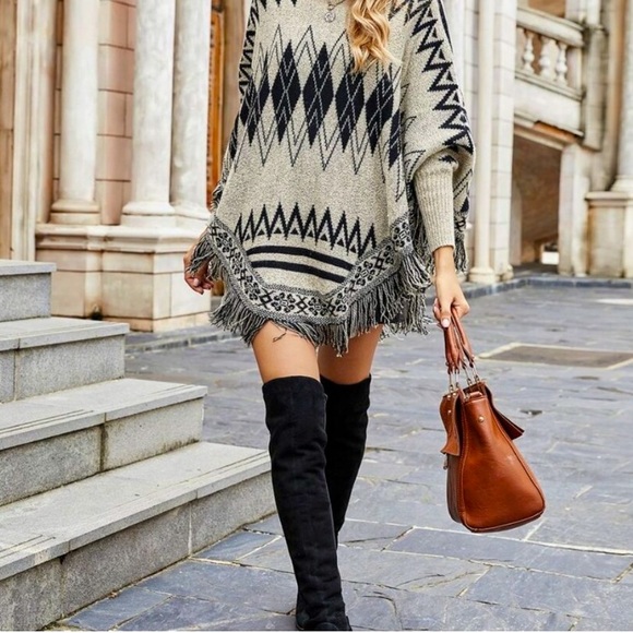 Knit Fringe Maxi Cuff Poncho Sweater
